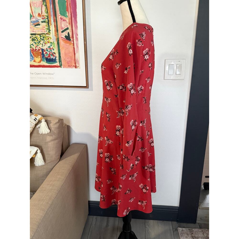 LOFT Womens 10P Petite Red Floral Fit Flare Dress Long Sleeve Career Casual - Picture 4 of 9